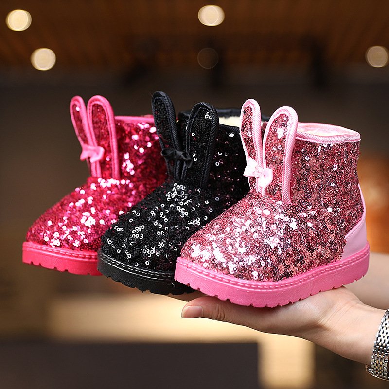 Winter Cheap Price Kids Boots Casual Shoes for Girls Warm Snow Boots Unisex Sequin Rabbit Ears Lovely Snow Boots