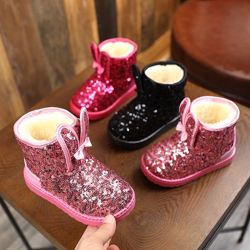 Winter Cheap Price Kids Boots Casual Shoes for Girls Warm Snow Boots Unisex Sequin Rabbit Ears Lovely Snow Boots