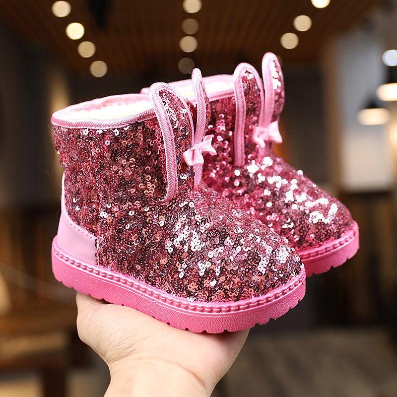 Winter Cheap Price Kids Boots Casual Shoes for Girls Warm Snow Boots Unisex Sequin Rabbit Ears Lovely Snow Boots