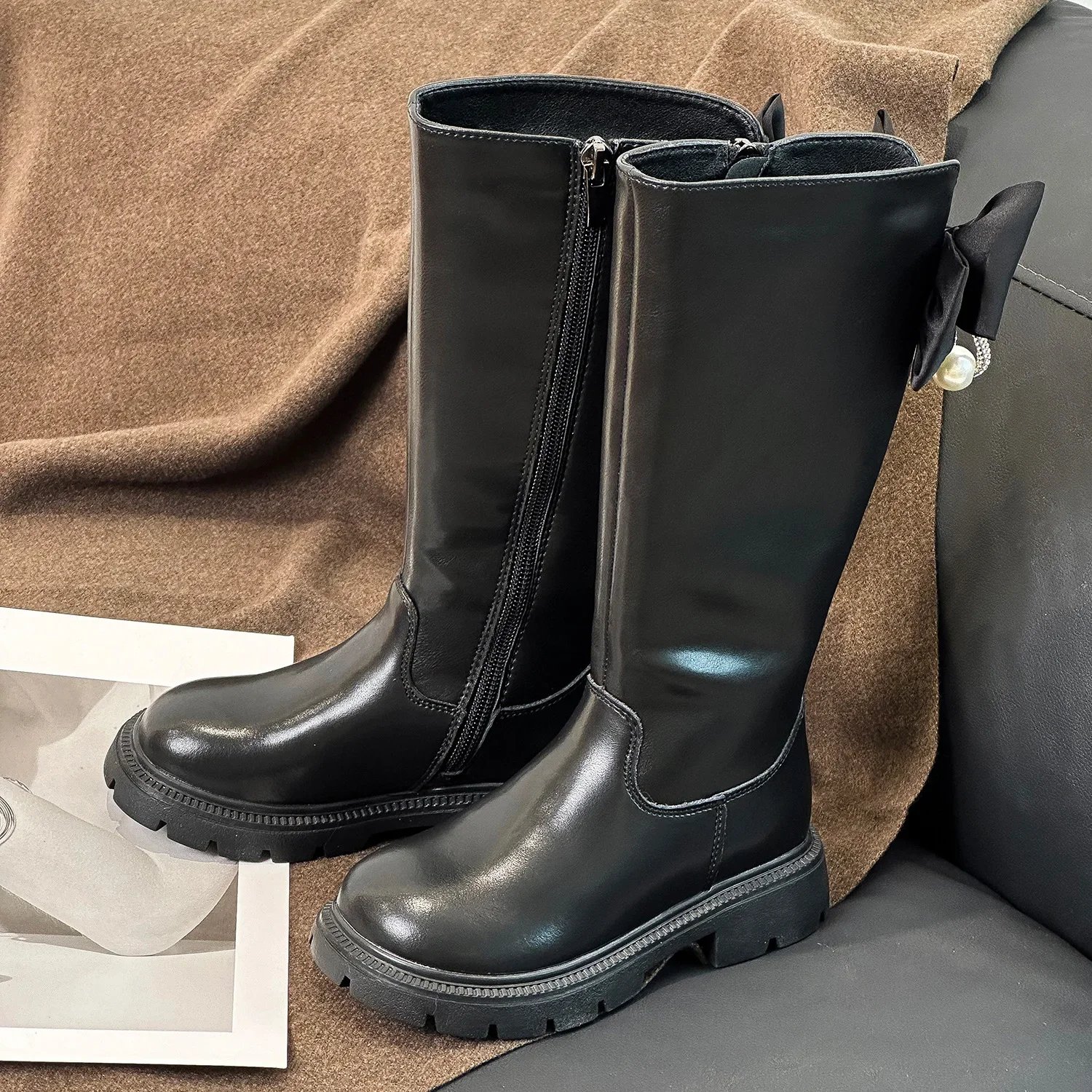 Autumn Winter Children's Girls Thick Bottom Long Knight Boot Girl Comfort Anti-skid Shoe Kid Toddler Pearl Bow Fashion Boots