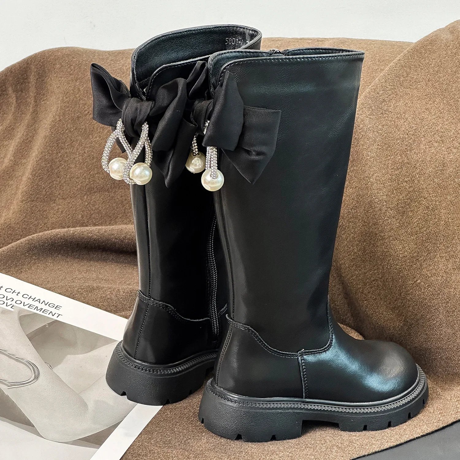 Autumn Winter Children's Girls Thick Bottom Long Knight Boot Girl Comfort Anti-skid Shoe Kid Toddler Pearl Bow Fashion Boots
