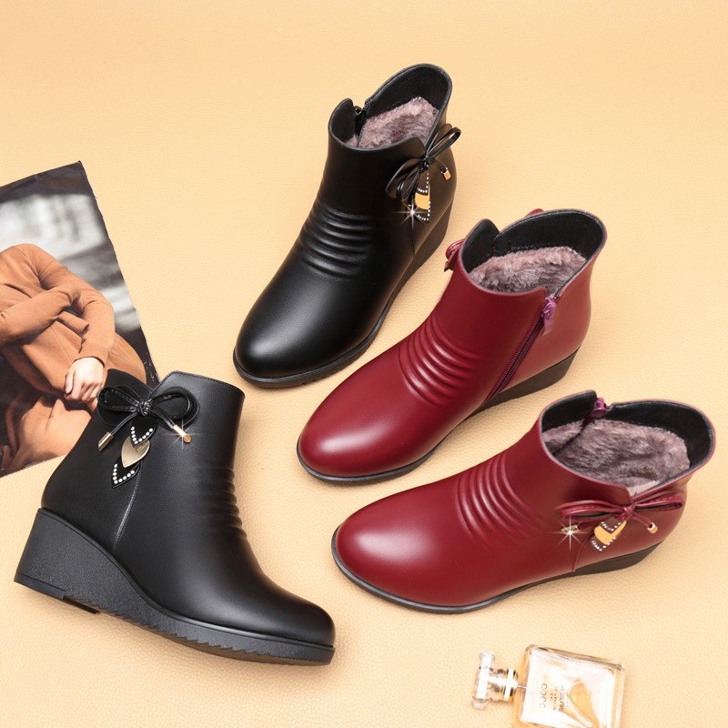 Xuanhui wholesale New non-slip top level quality leather warm boots winter wedge heel platform ankle boots