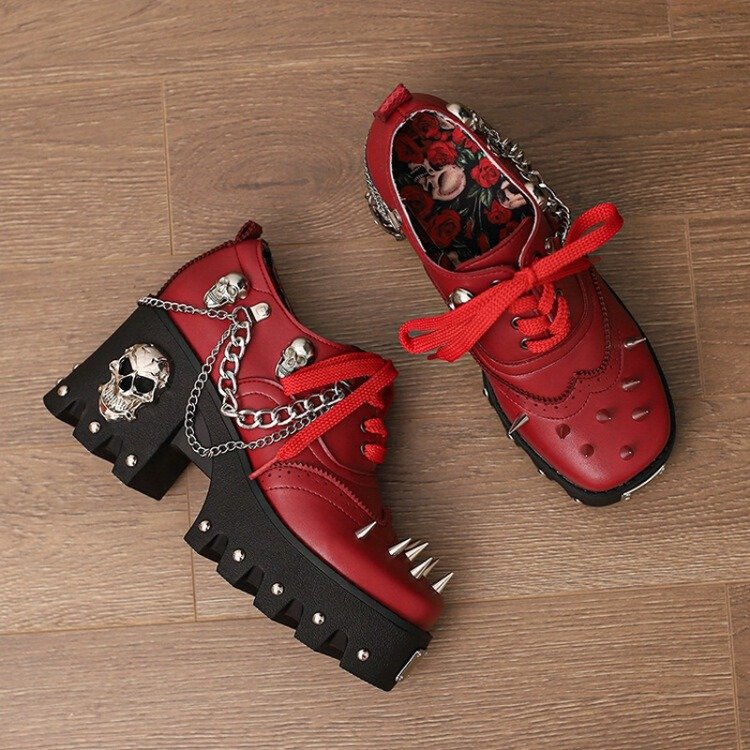 Fashion Rivets Chunky Heels Shoes Women Lace Up Large Size 46 Rocky Style Metal Skull Decor Pumps Chain Causal Booties