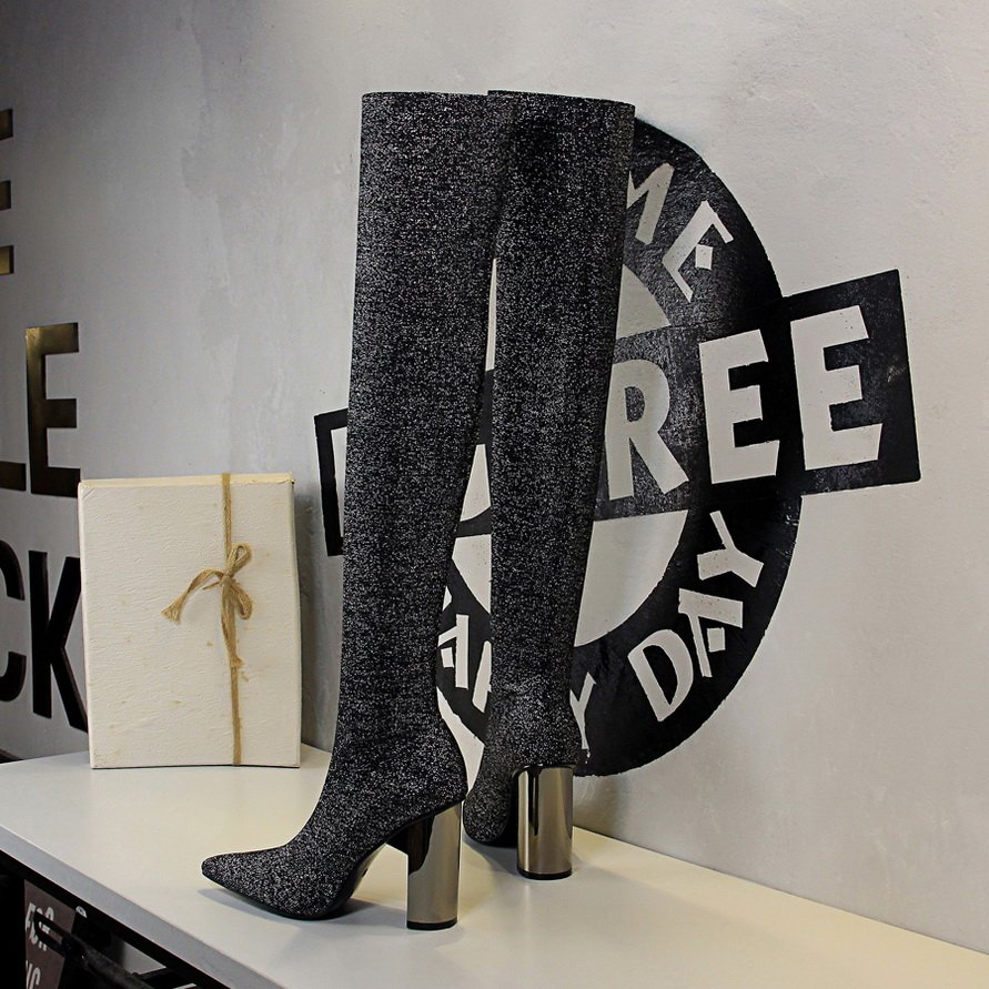 2023 Autumn Winter Fashion Simple Over the Knee Boots Pointed-toe Wool Women Chunky Heel Boots