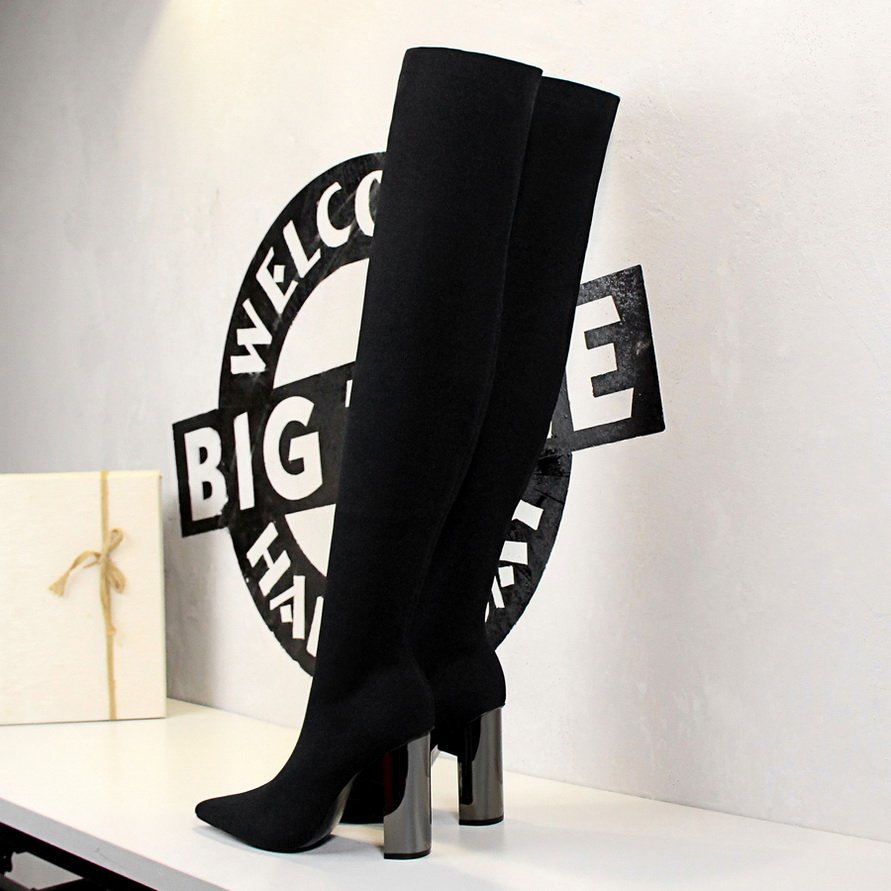 2023 Autumn Winter Fashion Simple Over the Knee Boots Pointed-toe Wool Women Chunky Heel Boots
