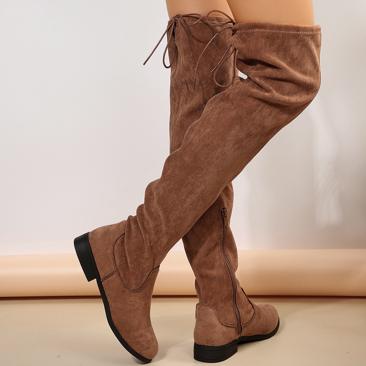 BUSY GIRL CS4617 women thigh high boots 2024 vintage fall winter shoes flat zipper lace up black brown suede boots for ladies
