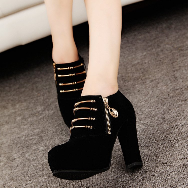 Xuanhui Wholesale winter new round toe chunky high heeled high hill chunky Suede metal zipper ankle boots for women