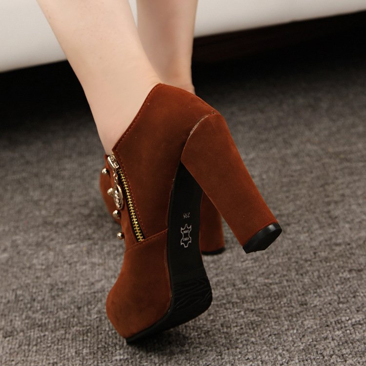 Xuanhui Wholesale winter new round toe chunky high heeled high hill chunky Suede metal zipper ankle boots for women