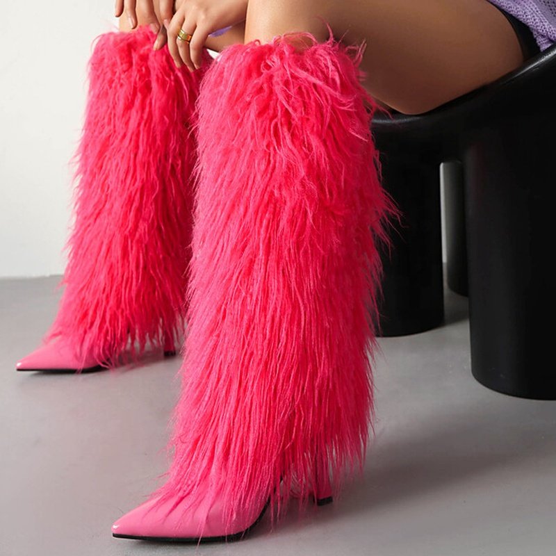 Large Size 46 Women High Heels Plush Fur Long Booties Slip On Fluffy Knee High Boots Winter Furry Snow Shoes