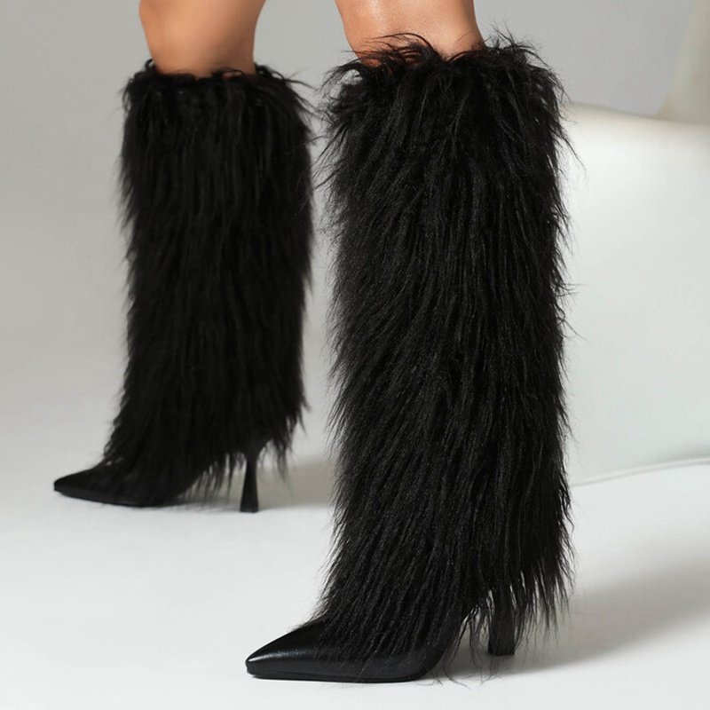 Large Size 46 Women High Heels Plush Fur Long Booties Slip On Fluffy Knee High Boots Winter Furry Snow Shoes