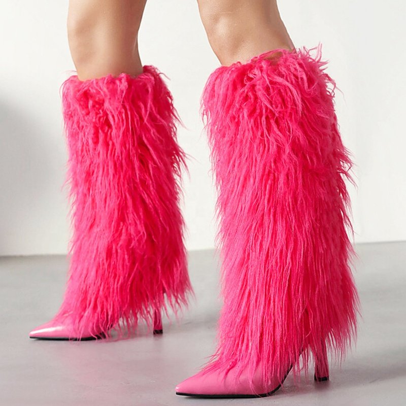 Large Size 46 Women High Heels Plush Fur Long Booties Slip On Fluffy Knee High Boots Winter Furry Snow Shoes