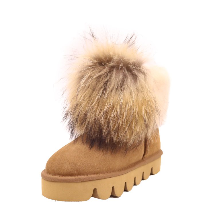 CF-071 Free Samples 2022 Hot SellingTop Quality Cow Suede Colored Racoon Fur Wholesale Winter Women Ankle Boots