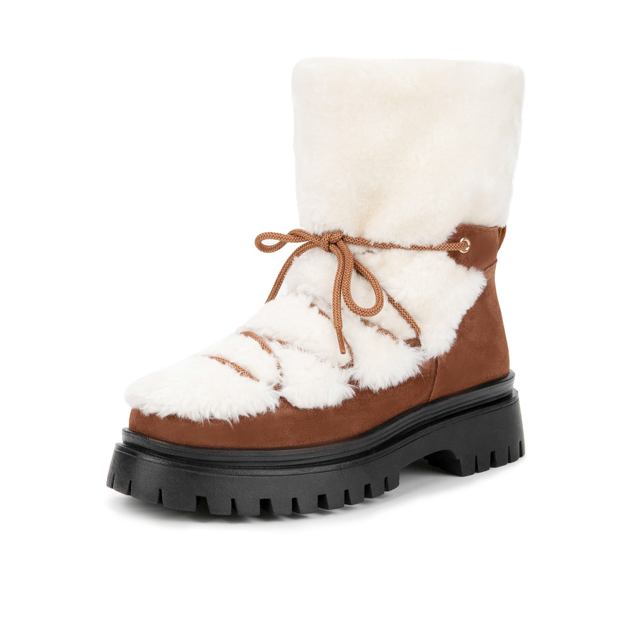 Custom 2022 furry fleece fur lace up snow women boots leather winter ankle boots for ladies