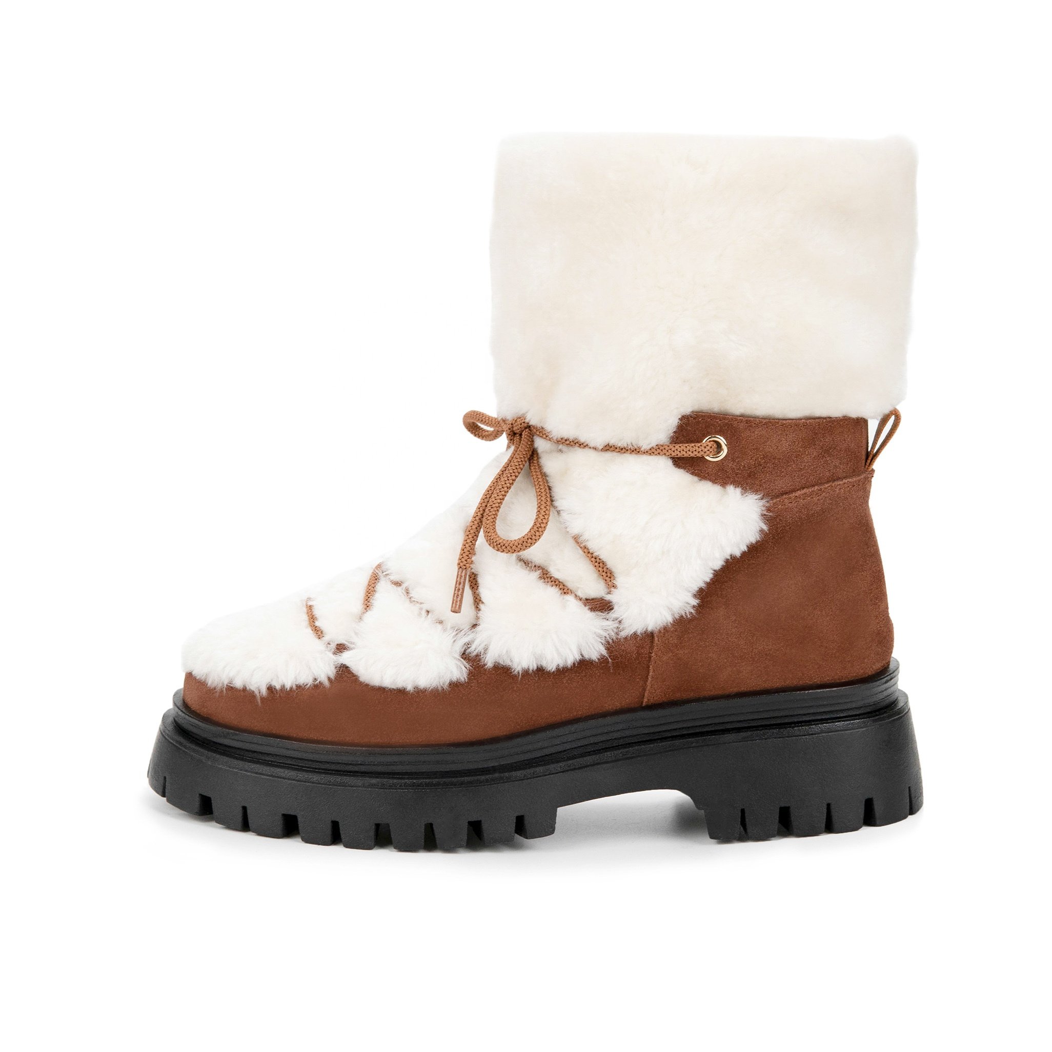Custom 2022 furry fleece fur lace up snow women boots leather winter ankle boots for ladies