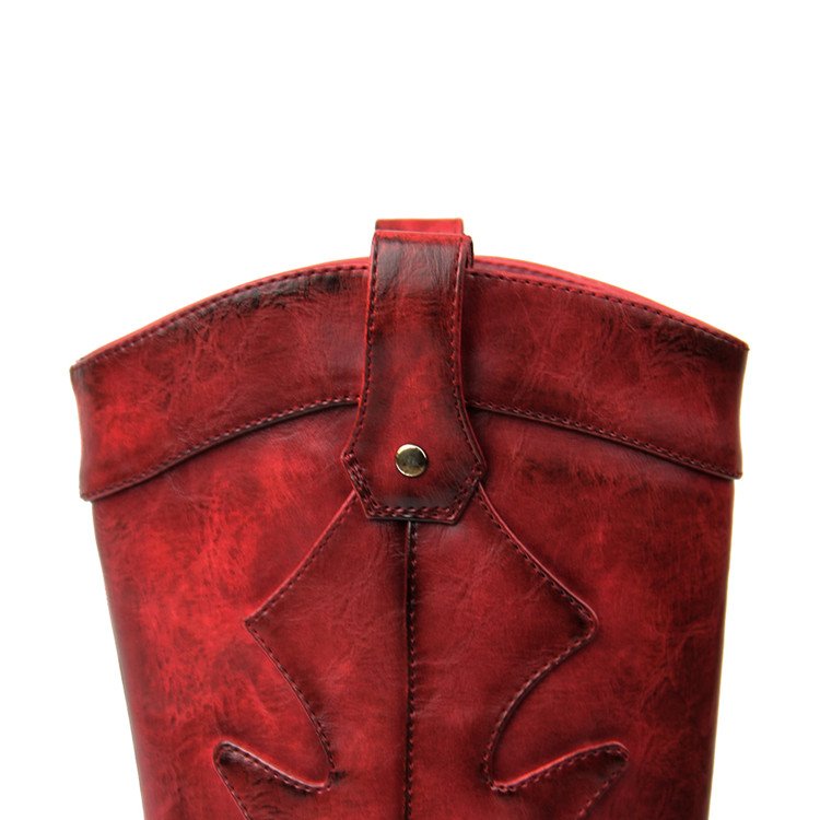 Stylish Designer Custom Ladies Sexy Midi High Boots Shoes Women Red Cowboy Boots with Low Heels
