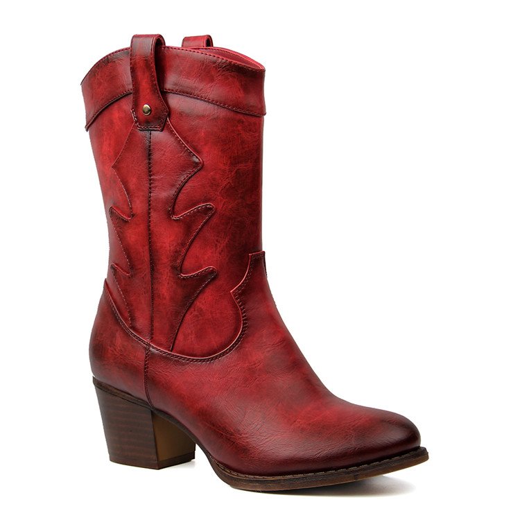 Stylish Designer Custom Ladies Sexy Midi High Boots Shoes Women Red Cowboy Boots with Low Heels