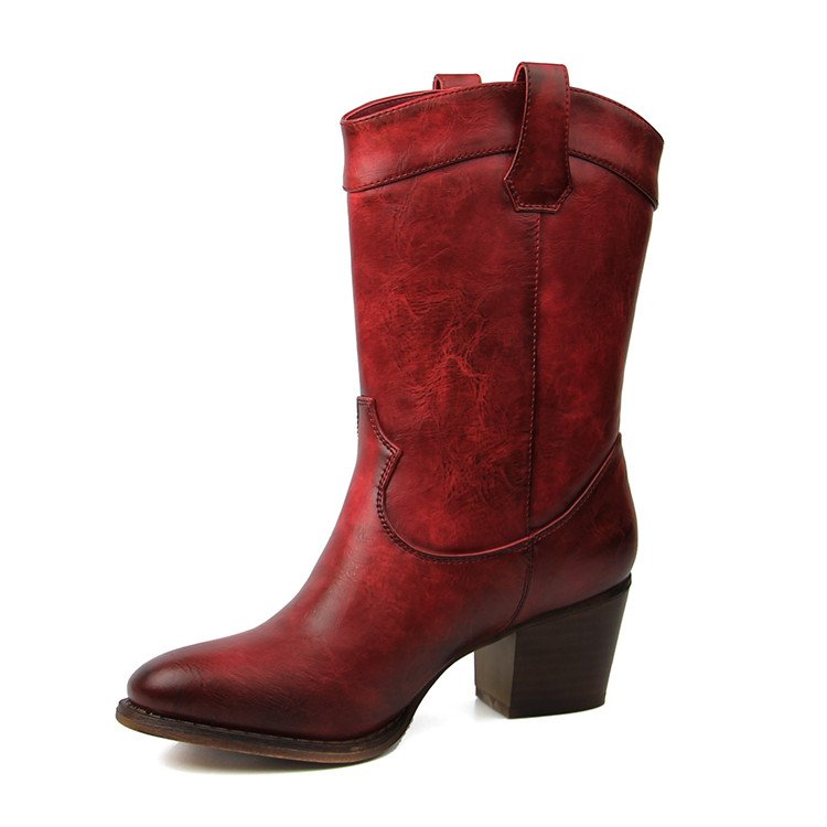 Stylish Designer Custom Ladies Sexy Midi High Boots Shoes Women Red Cowboy Boots with Low Heels