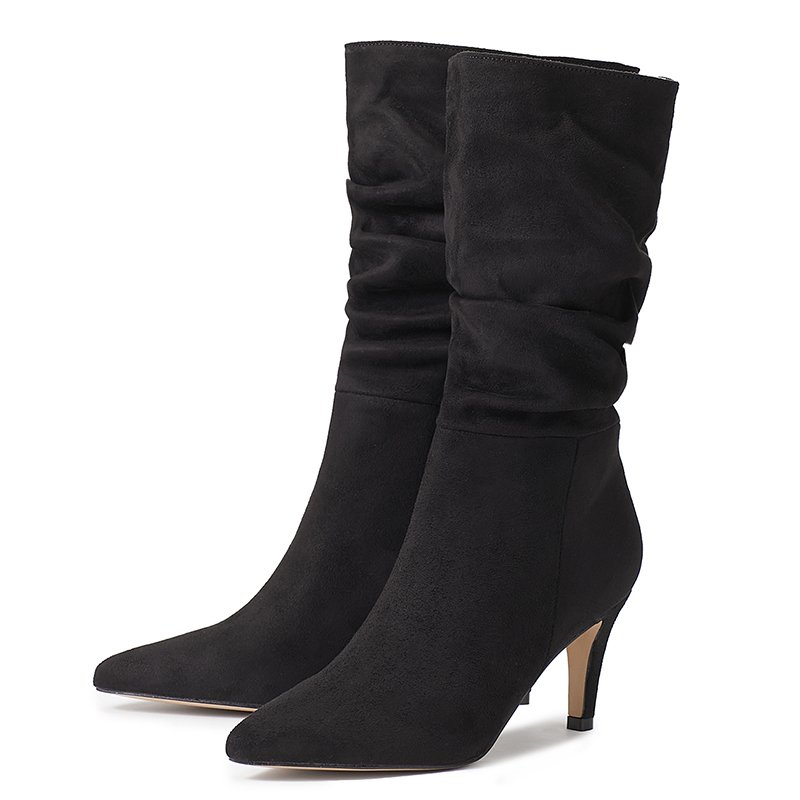 Slip-On Sewing Concise Thin Heel Sexy Pointed Toe Flock Shoes For Women Fashion Pleated Solid Chelsea Mid-Calf Boots Spring NEW