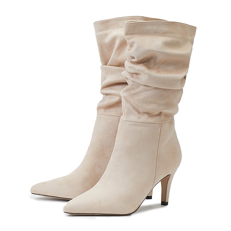 Slip-On Sewing Concise Thin Heel Sexy Pointed Toe Flock Shoes For Women Fashion Pleated Solid Chelsea Mid-Calf Boots Spring NEW