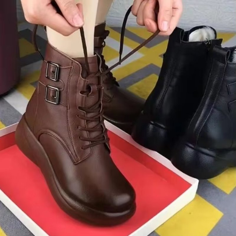 Casual Womens Ankle Boots British Style Full Matching Waterproof Leather Boots Fashion Ankle High Top Casual Boots