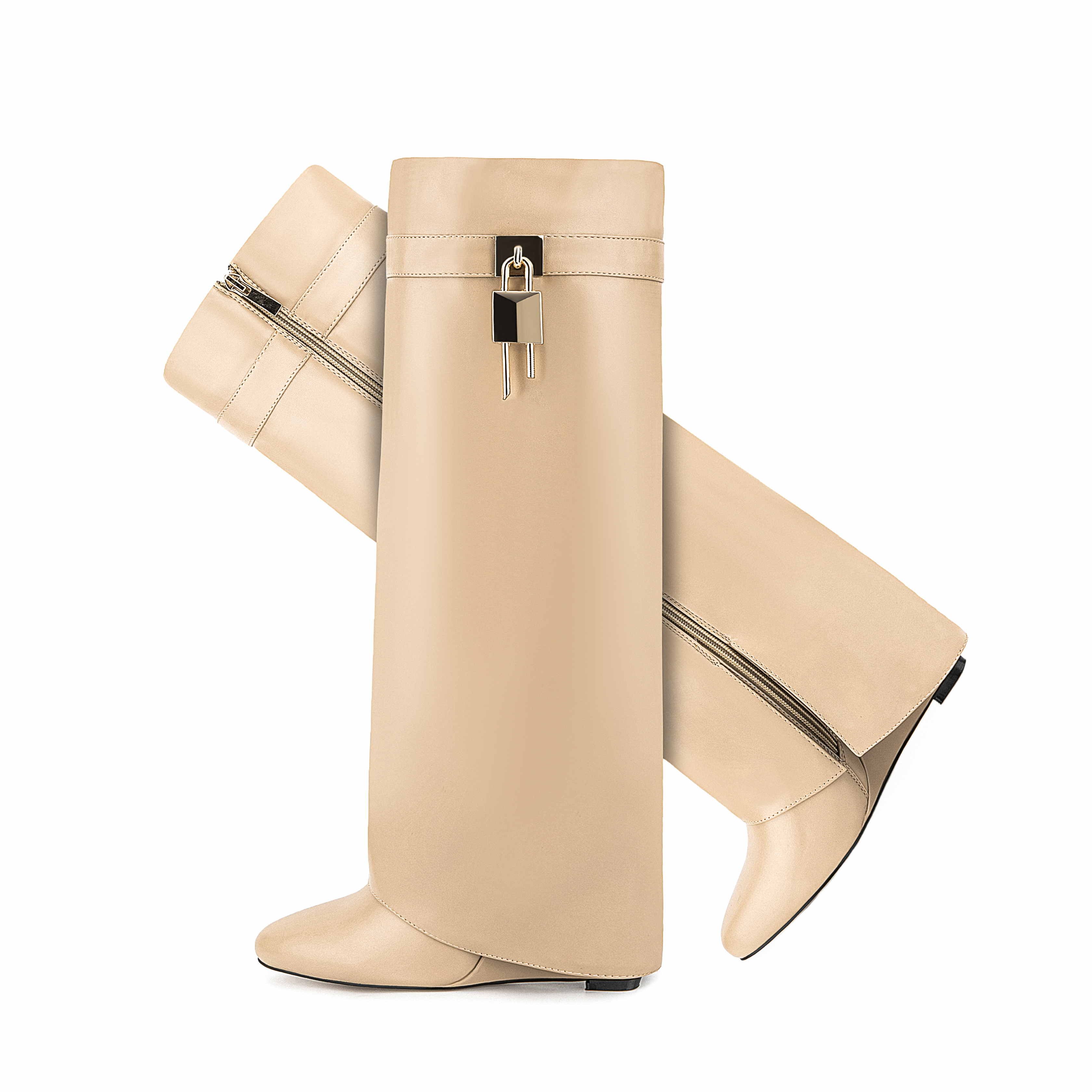 Famous Brand High Heels Designer Shark Boots With Lock Fold Over Solid Soft Pu Women Wedge Knee High Boots