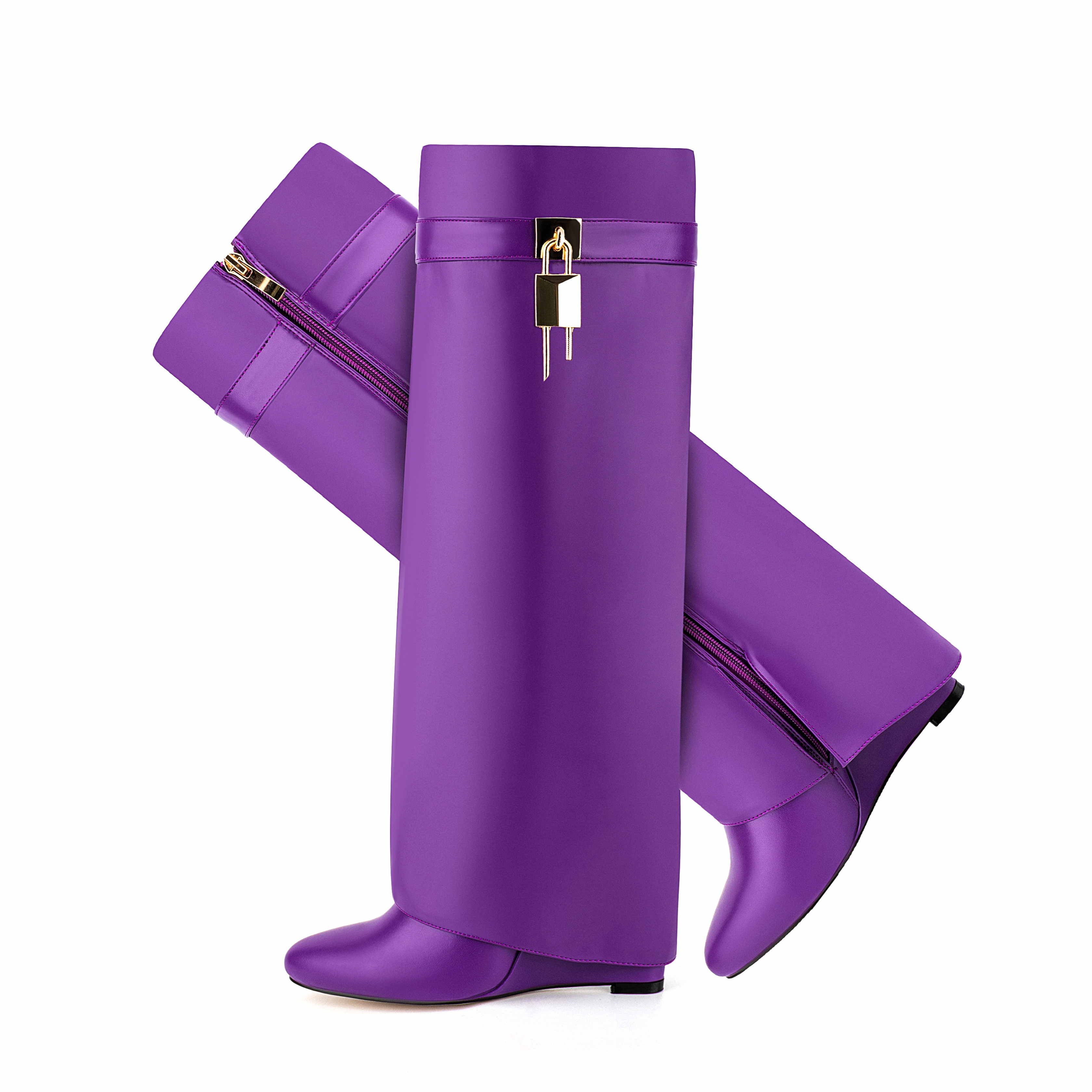 Famous Brand High Heels Designer Shark Boots With Lock Fold Over Solid Soft Pu Women Wedge Knee High Boots