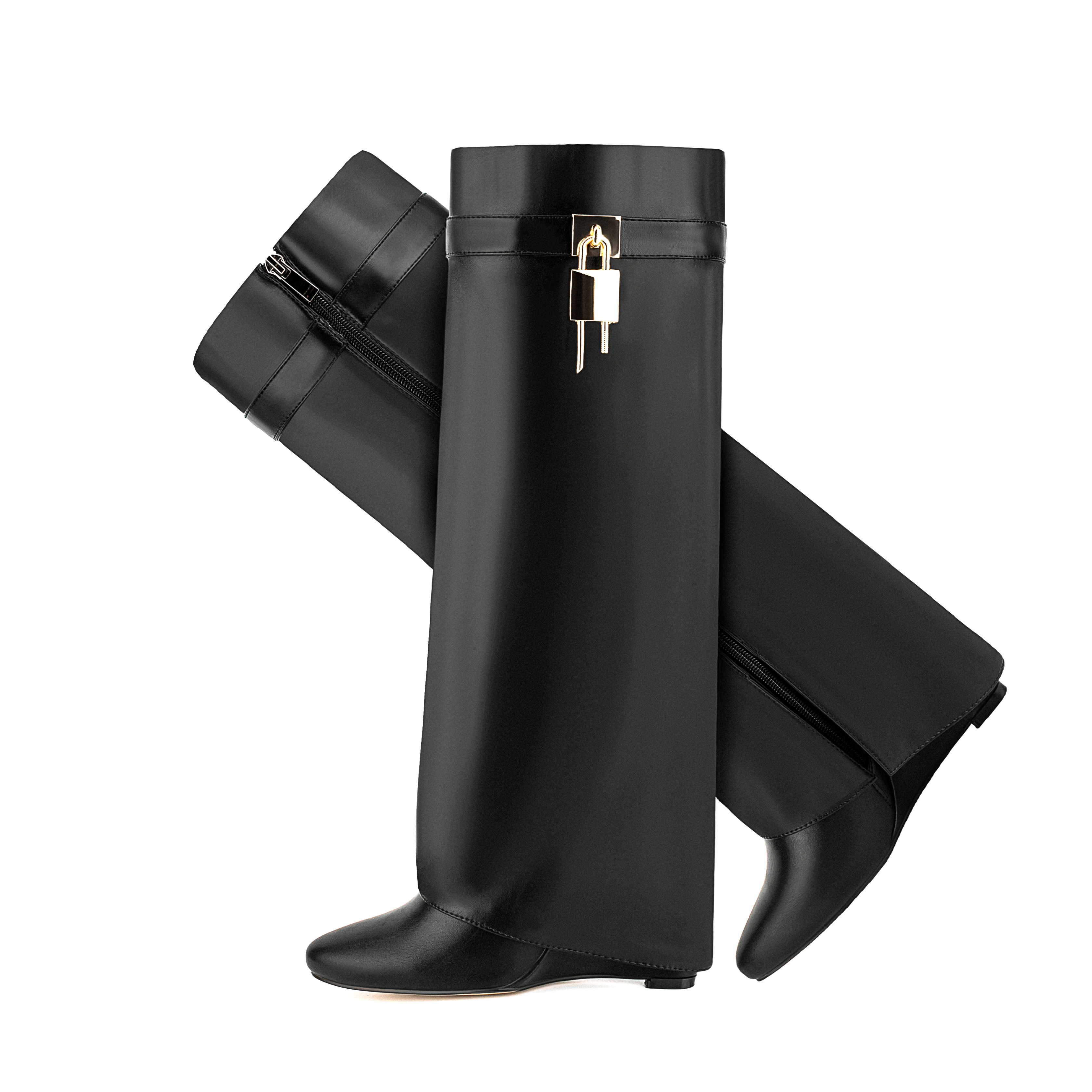 Famous Brand High Heels Designer Shark Boots With Lock Fold Over Solid Soft Pu Women Wedge Knee High Boots