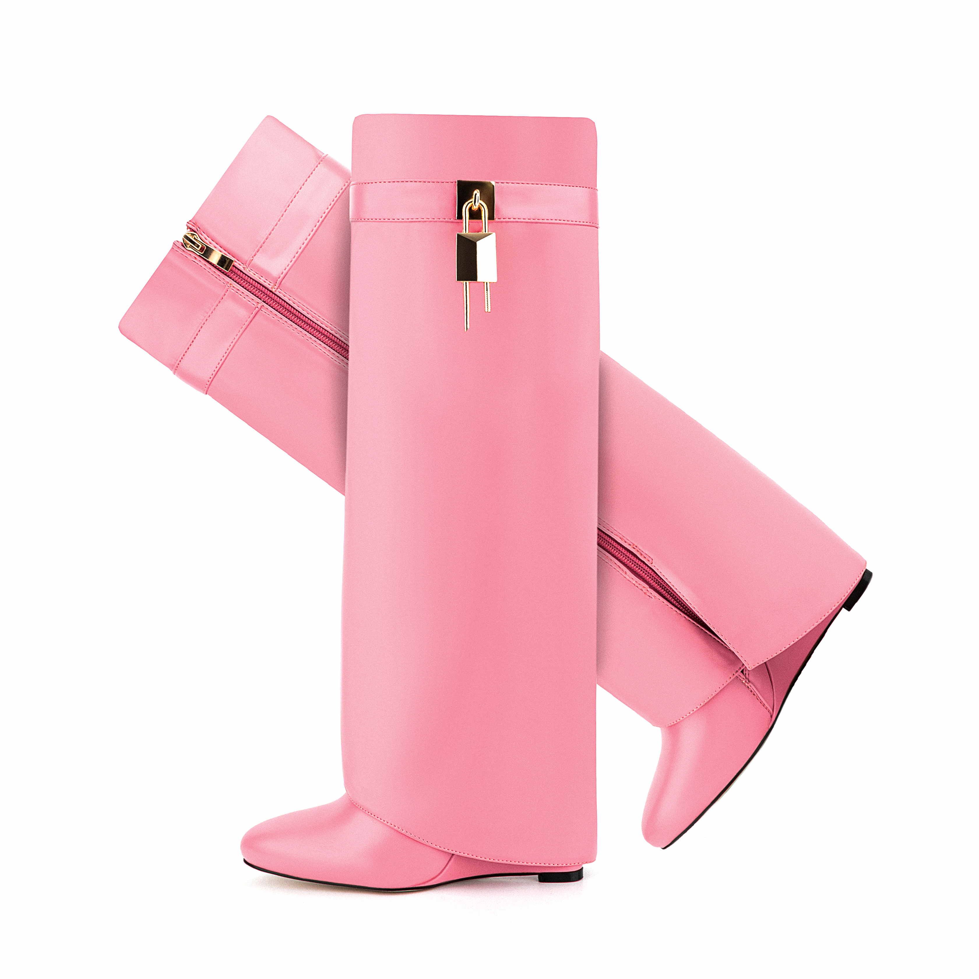 Famous Brand High Heels Designer Shark Boots With Lock Fold Over Solid Soft Pu Women Wedge Knee High Boots