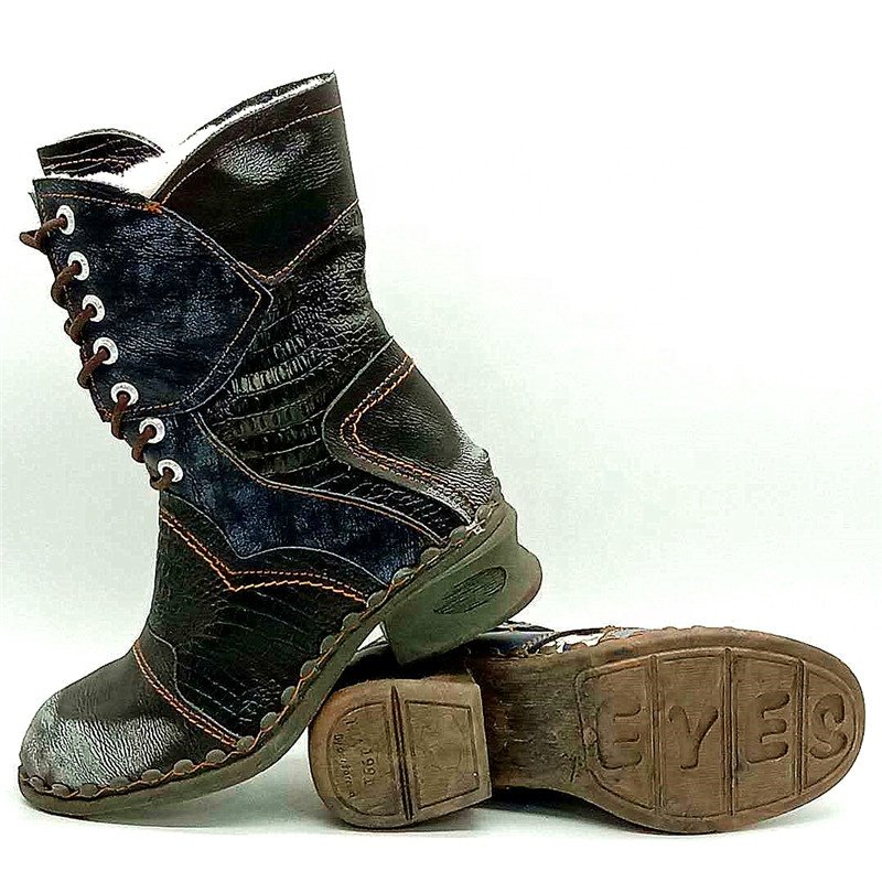 Adult Mid-length Fur Lining Warm Snow Boots Women's Plus Size Breathable Patchwork Genuine Leather Boots