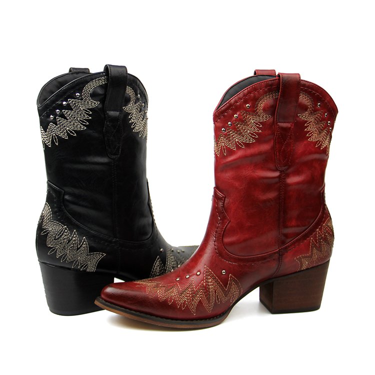 New Western Style Mid Calf Cow Girl Boots Vintage Leather Rivet Sewing Designer Women Shoes Boots Custom Logo