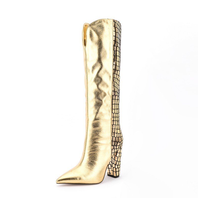 Bottes Femme Lady Autumn Winter Shoes Plus Size Pointy Toe Chunky Heel Stylish Long Boots Women Gold Multicolor Knee High Boots