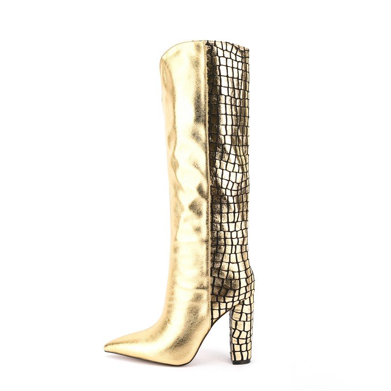 Bottes Femme Lady Autumn Winter Shoes Plus Size Pointy Toe Chunky Heel Stylish Long Boots Women Gold Multicolor Knee High Boots