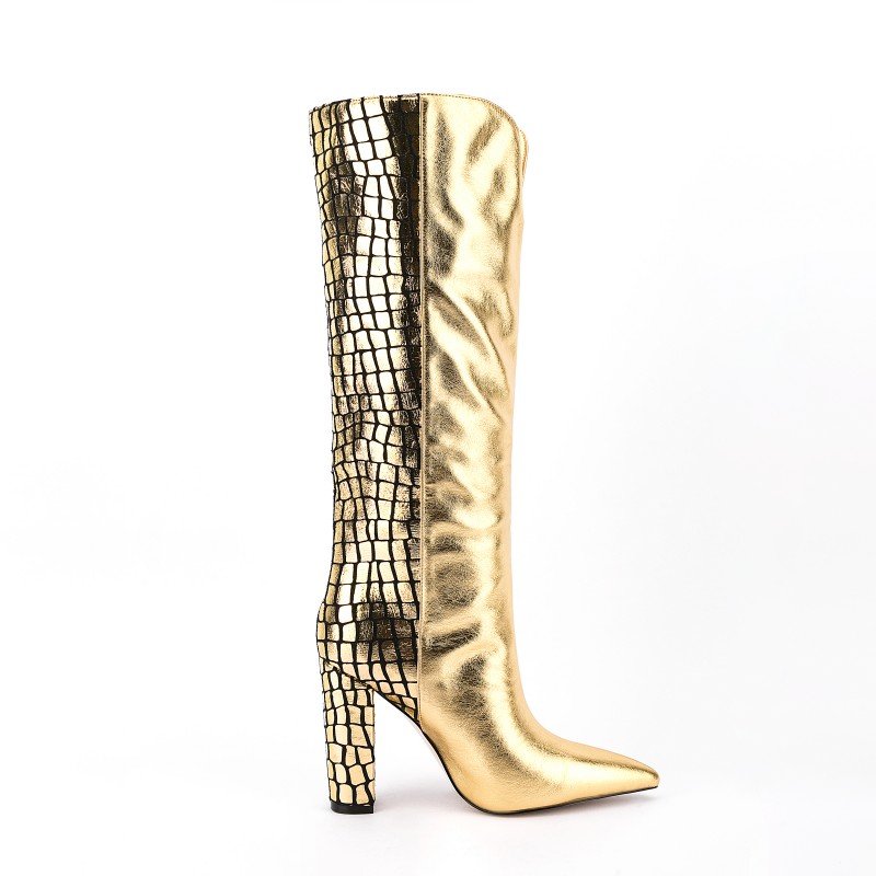 Bottes Femme Lady Autumn Winter Shoes Plus Size Pointy Toe Chunky Heel Stylish Long Boots Women Gold Multicolor Knee High Boots