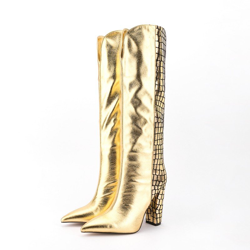 Bottes Femme Lady Autumn Winter Shoes Plus Size Pointy Toe Chunky Heel Stylish Long Boots Women Gold Multicolor Knee High Boots