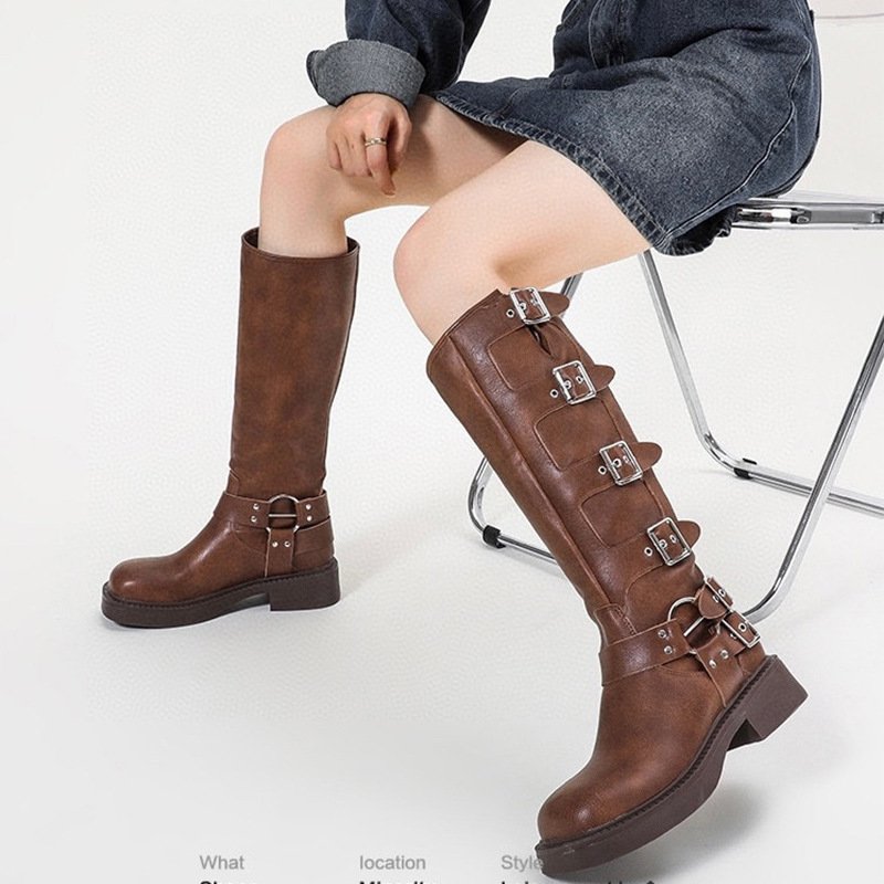 Retro Style Low Heels Cowboy Boots Punk Buckle Belt Western Boots Fashion Design Custom Logo Vintage for Ladies Cotton Fabric
