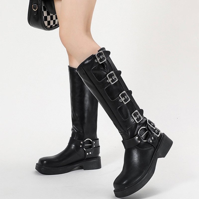 Retro Style Low Heels Cowboy Boots Punk Buckle Belt Western Boots Fashion Design Custom Logo Vintage for Ladies Cotton Fabric