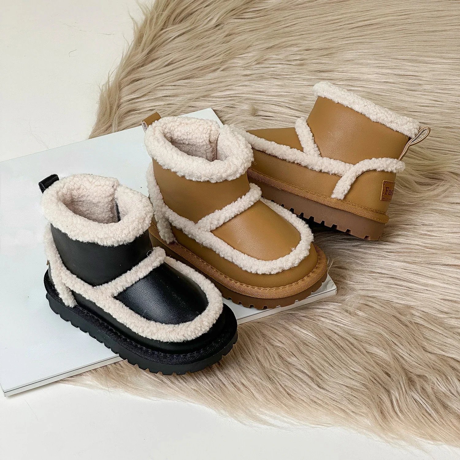 Winter Children's Boys Girls Genuine Leather Short Snow Boots Kids Toddler Baby Luxury Outdoor Fleece Warm Boots