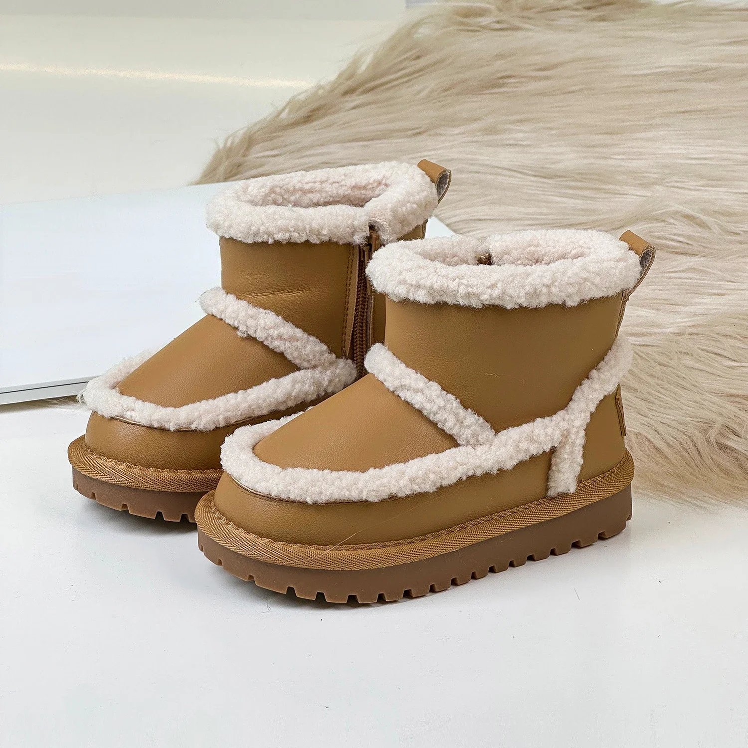 Winter Children's Boys Girls Genuine Leather Short Snow Boots Kids Toddler Baby Luxury Outdoor Fleece Warm Boots