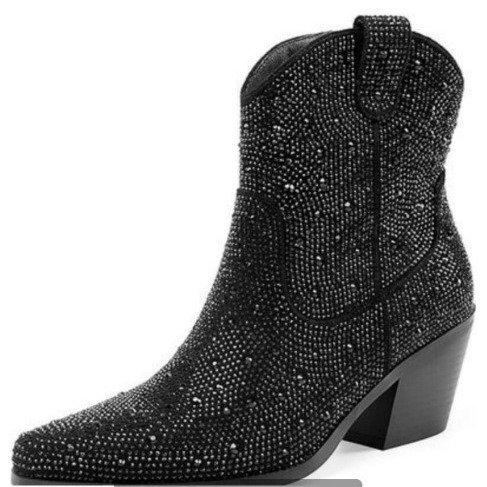 Hot Selling Fashion Mid-Calf Western Boots Women Pointed Toe Knee High Full Diamond Breathable Rubber Rhinestone/bling