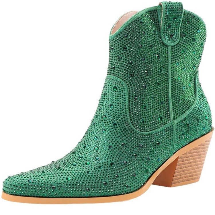 Hot Selling Fashion Mid-Calf Western Boots Women Pointed Toe Knee High Full Diamond Breathable Rubber Rhinestone/bling
