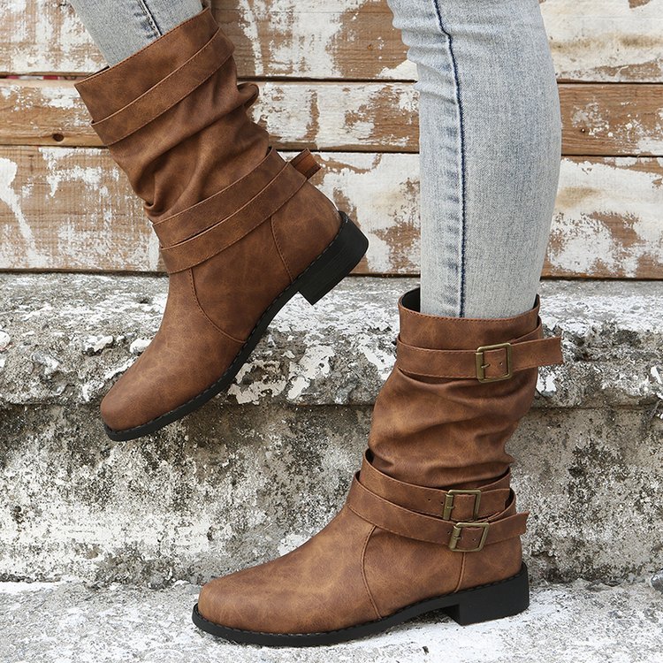 New European And American Ankle Boots British Retro Mid-tube Motorcycle Boots Women's Flat Belt Buckle Trend Women's Boots