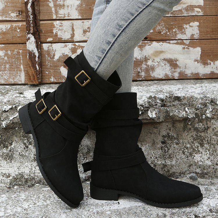 New European And American Ankle Boots British Retro Mid-tube Motorcycle Boots Women's Flat Belt Buckle Trend Women's Boots