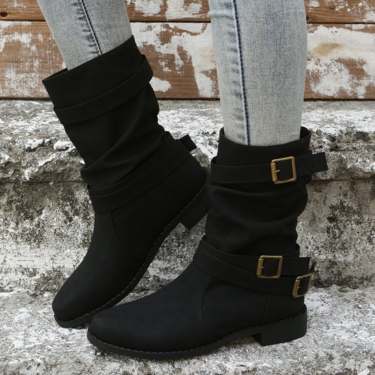 New European And American Ankle Boots British Retro Mid-tube Motorcycle Boots Women's Flat Belt Buckle Trend Women's Boots