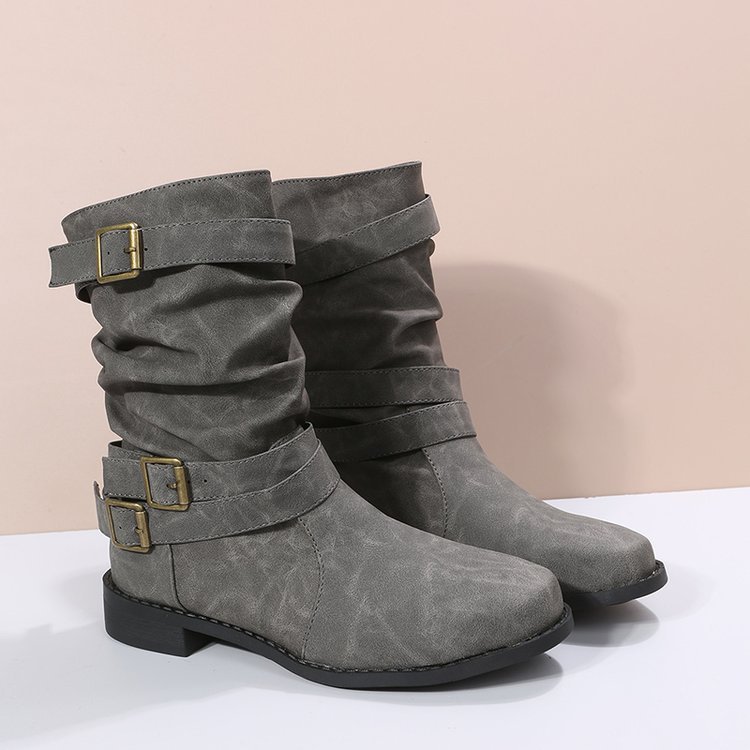 New European And American Ankle Boots British Retro Mid-tube Motorcycle Boots Women's Flat Belt Buckle Trend Women's Boots