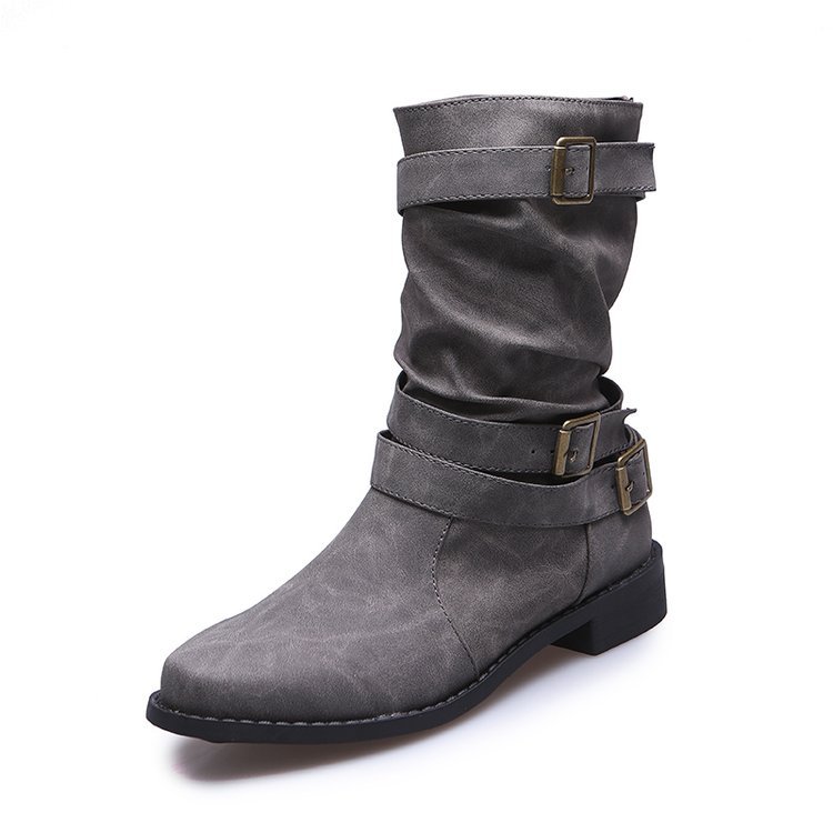 New European And American Ankle Boots British Retro Mid-tube Motorcycle Boots Women's Flat Belt Buckle Trend Women's Boots