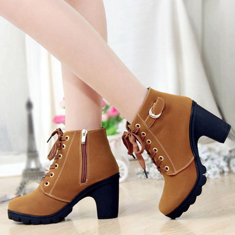 New High-heeled Womens Leather knee High Boots Women Short Thick Fur Heel Women Boots with Zipper