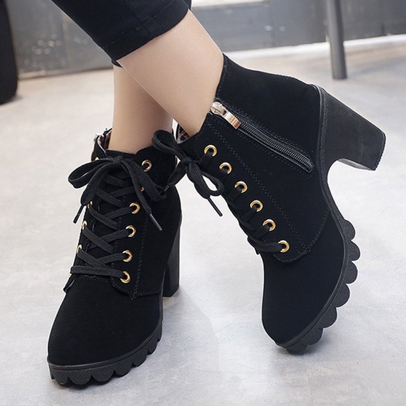 New High-heeled Womens Leather knee High Boots Women Short Thick Fur Heel Women Boots with Zipper