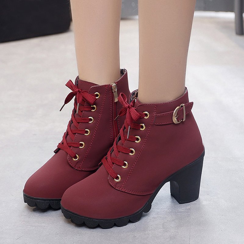 New High-heeled Womens Leather knee High Boots Women Short Thick Fur Heel Women Boots with Zipper