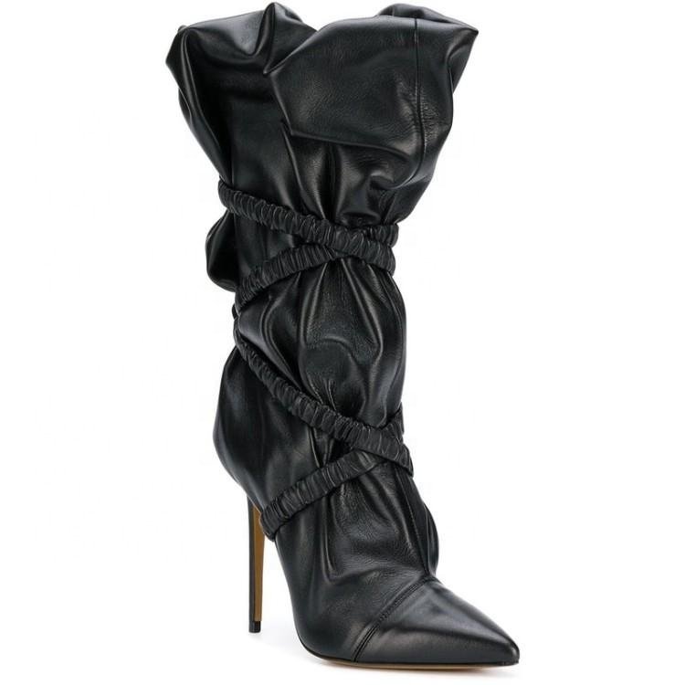 New fashion custom made black soft Nappa PU wrinkles upper pointed toe high heel ladies ankle boots