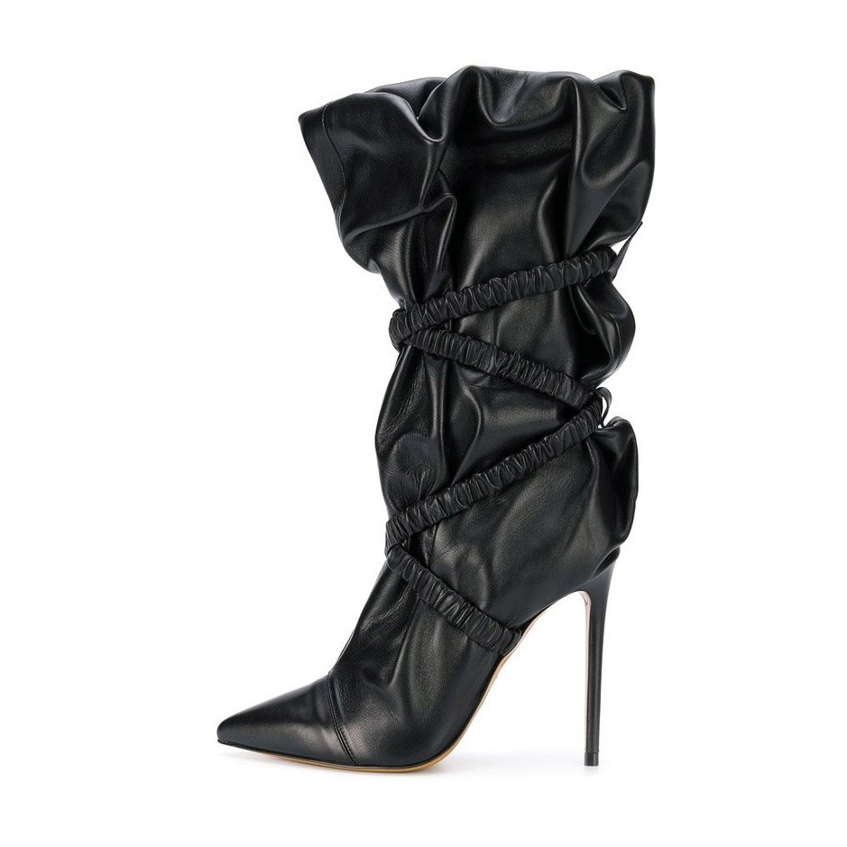 New fashion custom made black soft Nappa PU wrinkles upper pointed toe high heel ladies ankle boots